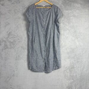 Eileen Fisher Hemp Organic Cotton Striped Button Front Shift Dress Blue White L